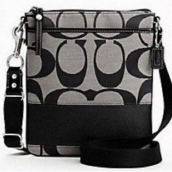 🩵Coach Black & Metallic Silver Signature Canvas Crossbody Purse - Picture 1 of 13